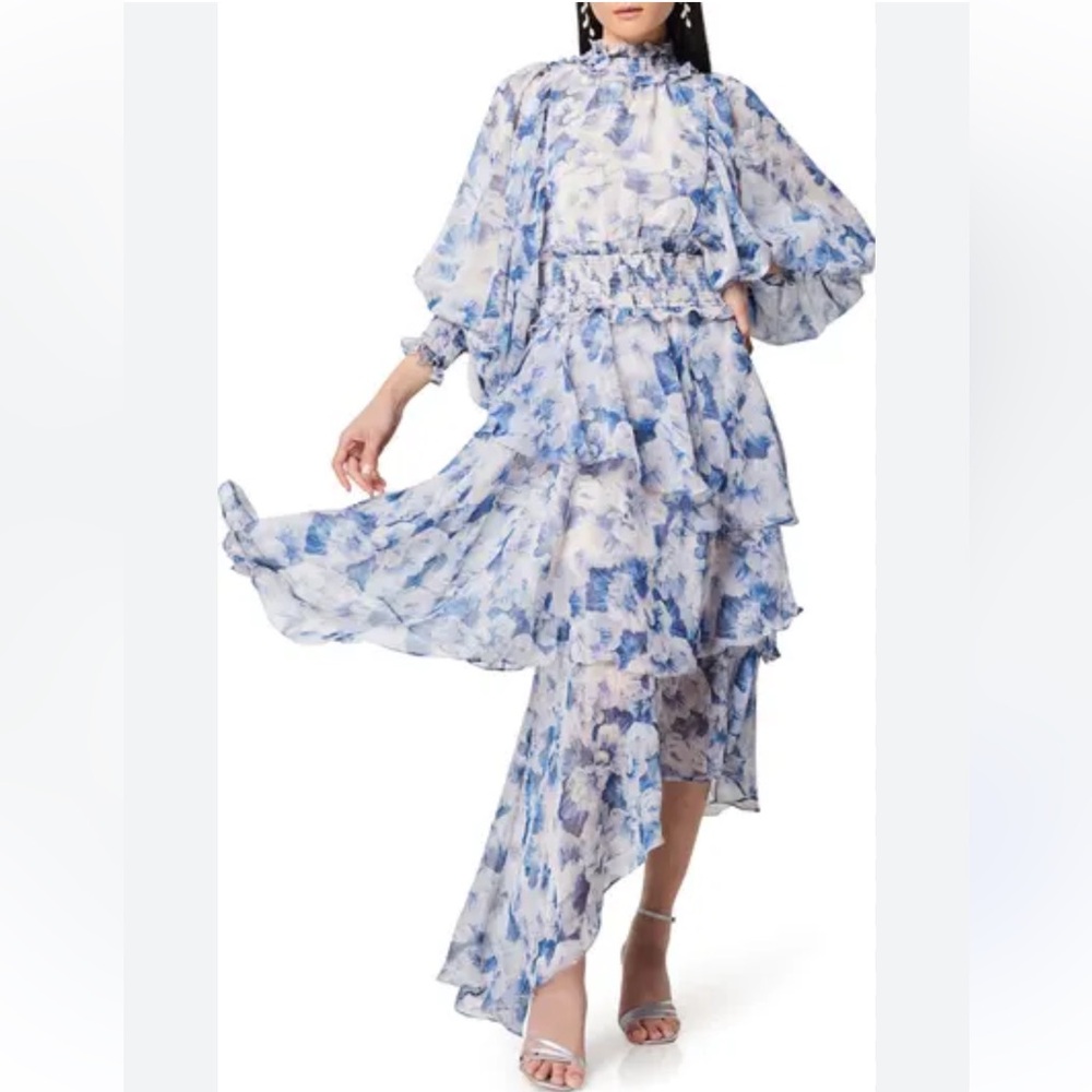 Elliatt Blue and White Floral Tiered Chiffon Dress